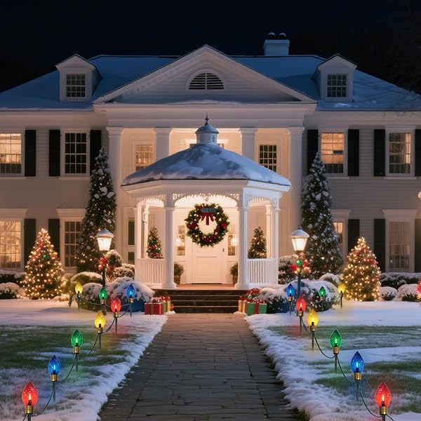 CHYPARTY JUMBO CHRISTMAS PATHWAY LIGHTS OUTDOOR, 7FT 4PCS CONNECTABLE PLUG IN MULTICOLOR DIAMOND WALKWAY LIGHTS FOR DRIVEWAY, FENCE, YARD HOLIDAY DECOR, GREEN WIRE