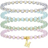 IEFWELL Valentines Gifts - Initial Bracelets for Women Girls, 4Pcs Crystal Bracelets Set Pink/Blue/White/Green Crystals Beaded Bracelet Stretch Kid Jewelry Birthday Gifts for Teen Girls Kids Toddler