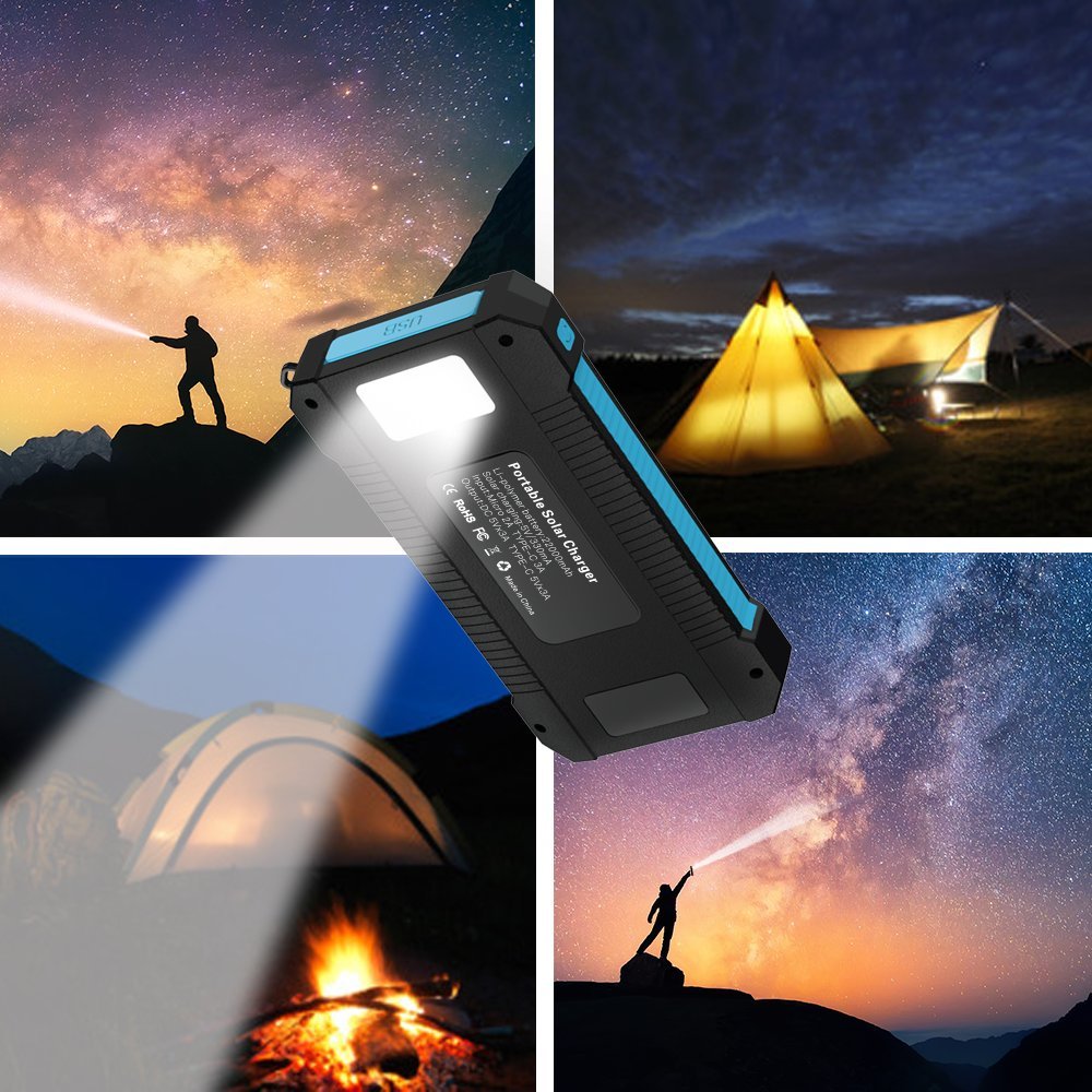 Batterie Externe X-DNENG 22000 mAh Chargeur Solaire Power Bank Portable avec Entrées Micro-USB et Type-C, Imperméable Batterie Chargeur avec 3 Sorties Haute Vitesse de Charge, Powerbank avec Lampe Torche pour iPhone Téléphones Android Galax