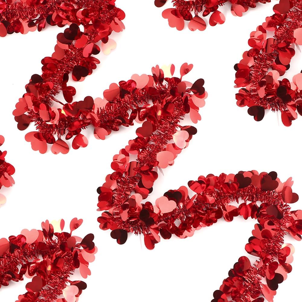 Wreaths, Garlands & Swags - Amiatalo 50 Feet Valentine's Day Heart Tinsel Garland, Red Heart Metallic Tinsel Garland for Valentine's Day Tree Indoor Outdoor Home Supplies
