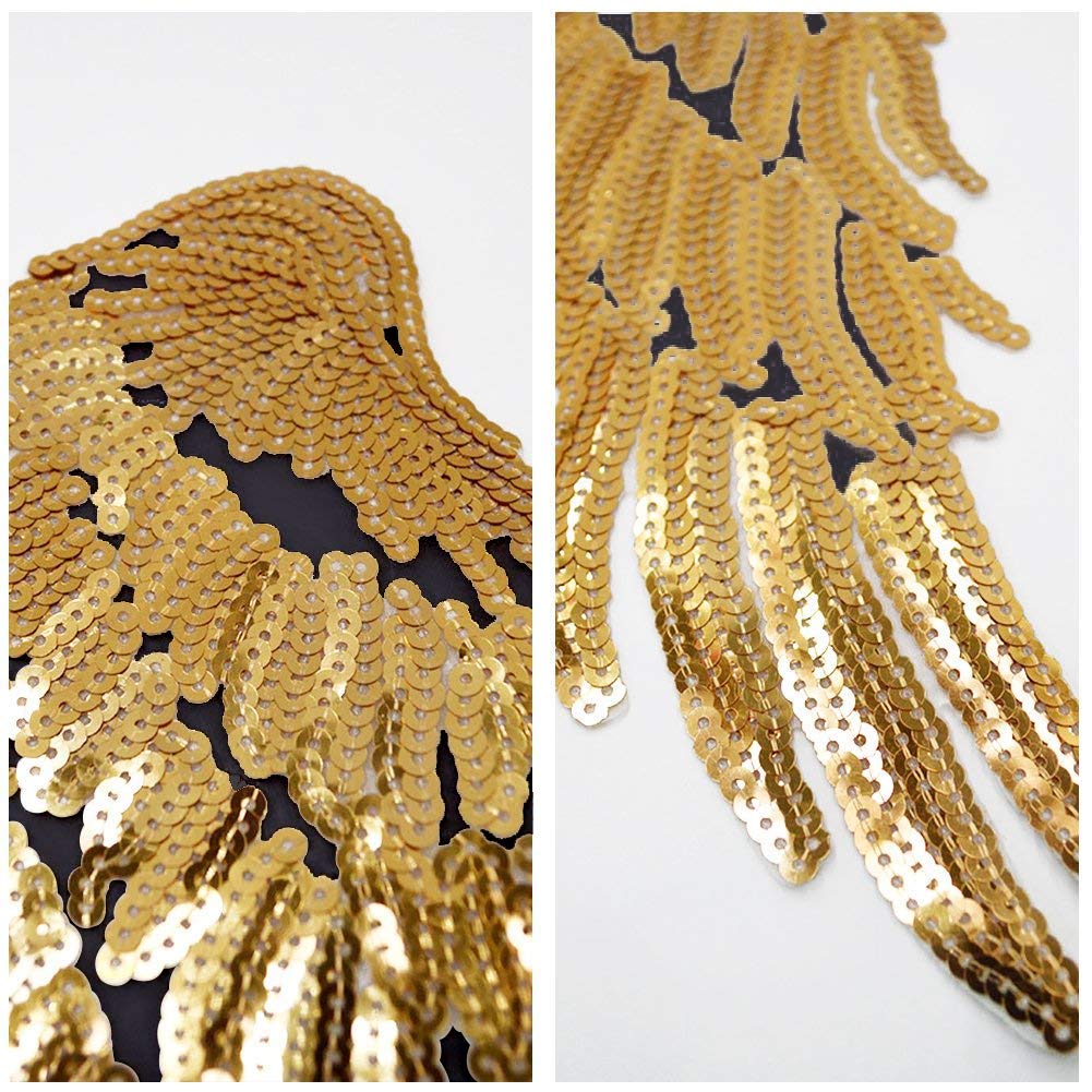 LoveInUSA Sequin Wings set, 2 PCS Sequins Patches Gold Angel Wings  Wing Applique Iron On Wings Chanel Patches for Clothes Jackets Jeans Dress Hat DIY Accessory