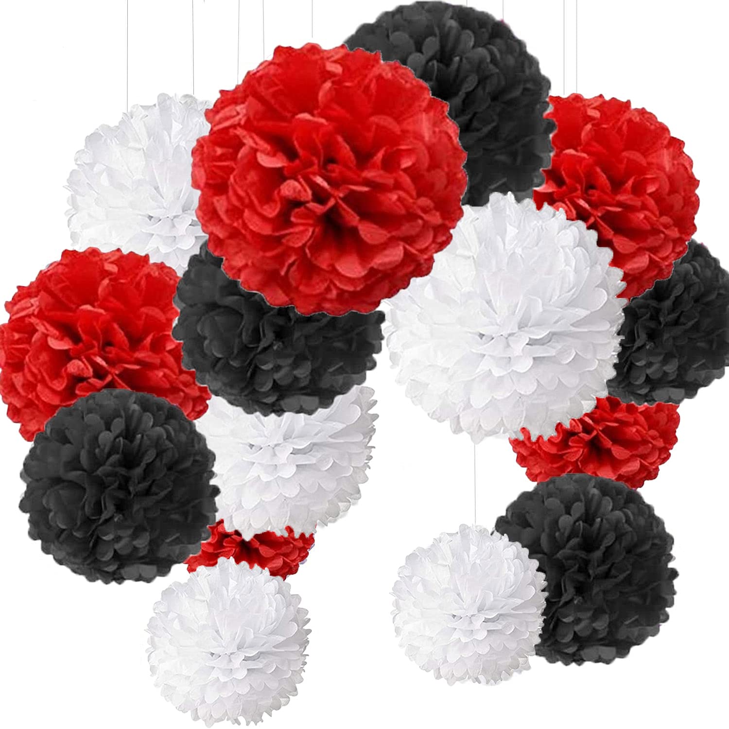 15 pcs Pom pom Decorations Tissue Pom Poms Paper Flower Ball for Wedding Festival Party for a Photo Wall Black Red White (30.5 cm / 25 cm / 20 cm). — image 1