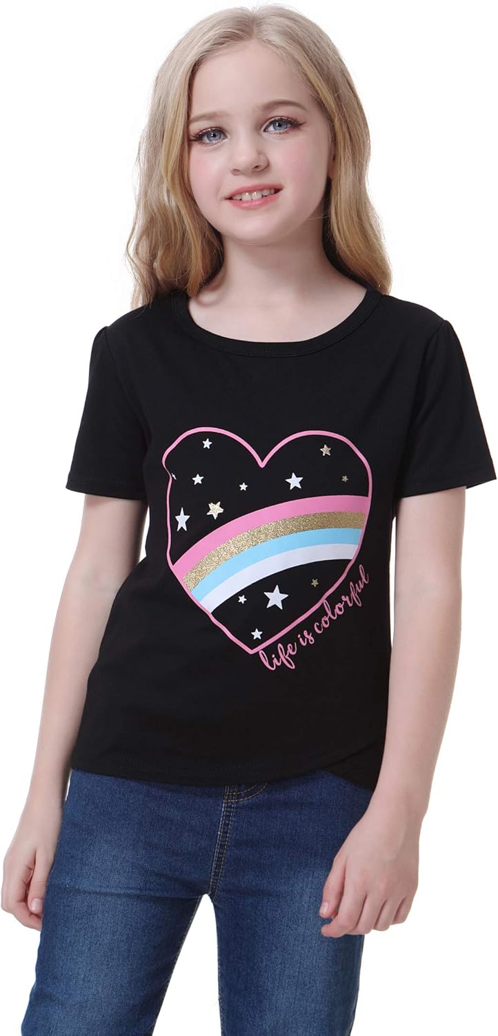 MyFav Girls Casual Short Sleeve Cute Print T-Shirts Round Neck Loose Tunic Tops for 6-15 Years: Clothing