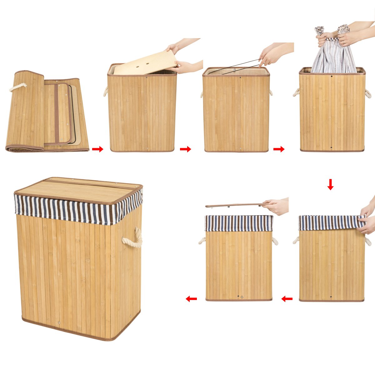 ZERO JET LAG 40L Bamboo Laundry Hamper Laundry Basket Dirty Clothes Box Natural Laundry Bin Lid Handles Removable Liner Collapsible Dirty Clothes Organizer（Brown）