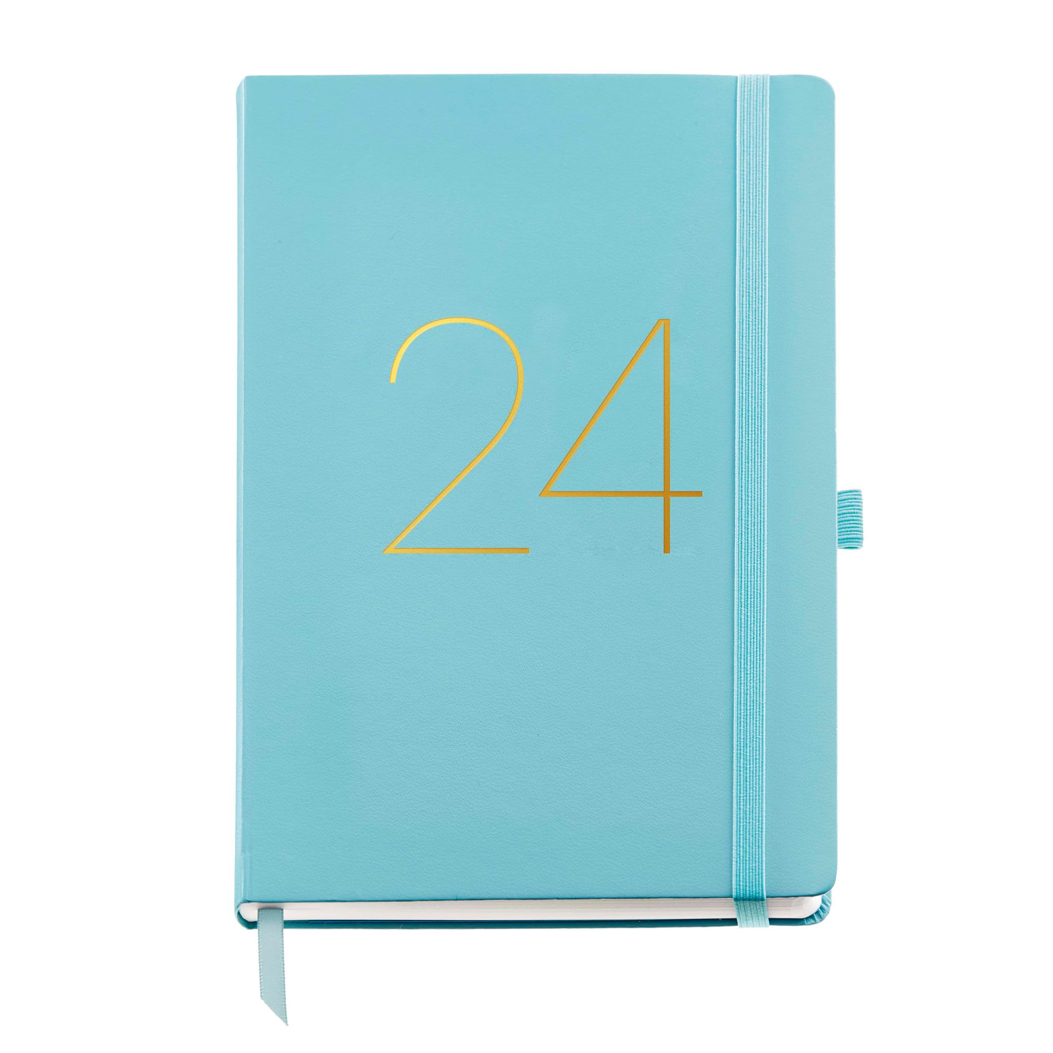 Miquelrius - Annual Planner 2024, Week to View, Plus Size 155 x 213 mm (similar A5), Stitched Leather Hard Cover, Elastic Rubber, Spanish, English and Portuguese, Aquamarine