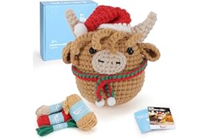Cudroza Christmas Crochet Kit for Beginners Starter - Christmas Highland Cow Crochet Kits with Step-by-Step Video Tutorials and Yarns, Hook, Accessories, DIY Craft Gift for Adults and Kids(30%+ Yarn)