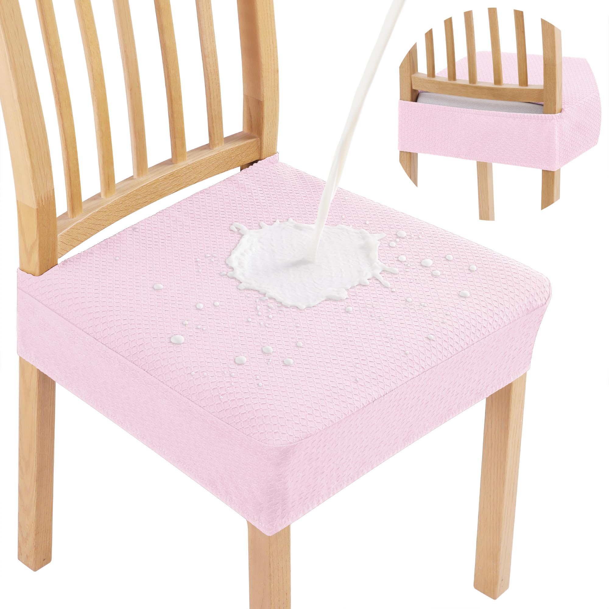 Smiry Waterproof Seat Covers for Dining Room Chairs Set of 6, Stretch Jacquard Removable Washable Chair Seat Slipcovers Protector, No Rear Covers, Pink Image