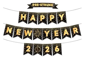 Miucat Pre-Strung Happy New Year Banner 2026, New Years Eve Party Supplies 2026, Black Gold NYE Party Decorations 2026