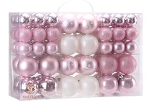 Sea Team 86-Pack Shatterproof Pink Christmas Ball Ornaments Set, Assorted Multi-Sized Hanging Baubles, Xmas Tree Decorations, Seasonal Décor for Holiday Wreath Garland, Hooks Included
