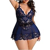 OYOANGLE Women's Plus Size Floral Lace Nightgowns Mesh Patchwork Camisole Bra Panty Lingerie Dress