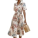 Zcargel Button Printed Dress Medium Length Shirt Dress Short Sleeved Summer Dress Waisted Belted Printed Short Sleeve Dress Apricot, Large