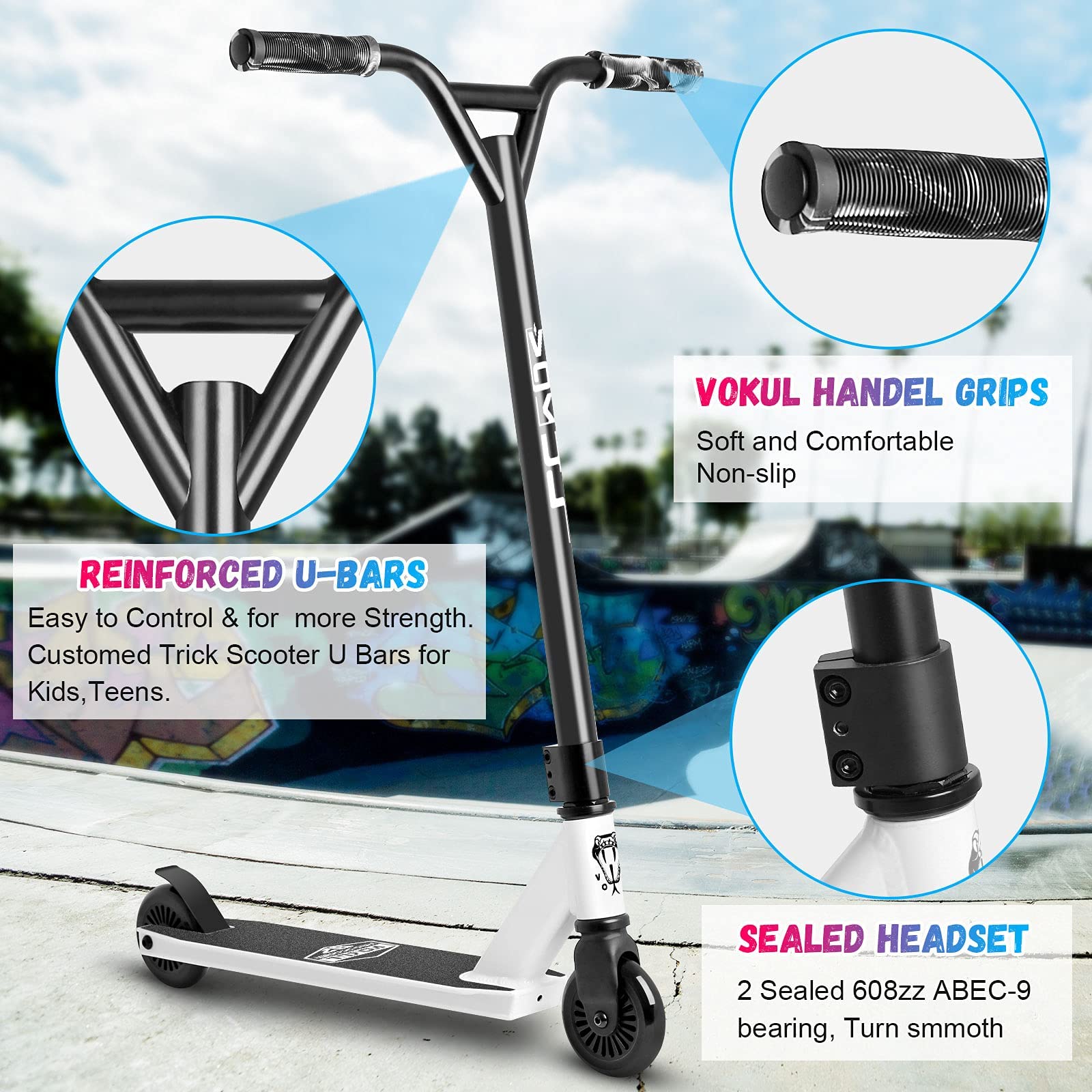VOKUL Complete Pro Scooter for Kids Boys Girls Teens Up 6 Years - Freestyle Tricks Pro Stunt Scooter - High Performance Gift for Skatepark Street Tricks