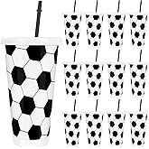 FYSUIMU 12 Pcs Soccer Party Cups with Lids Straws Sports Ball Plastic Tumblers Black White Birthday Reusable Water Bottle for Iced Coffee Drinks Travel, 24 Oz