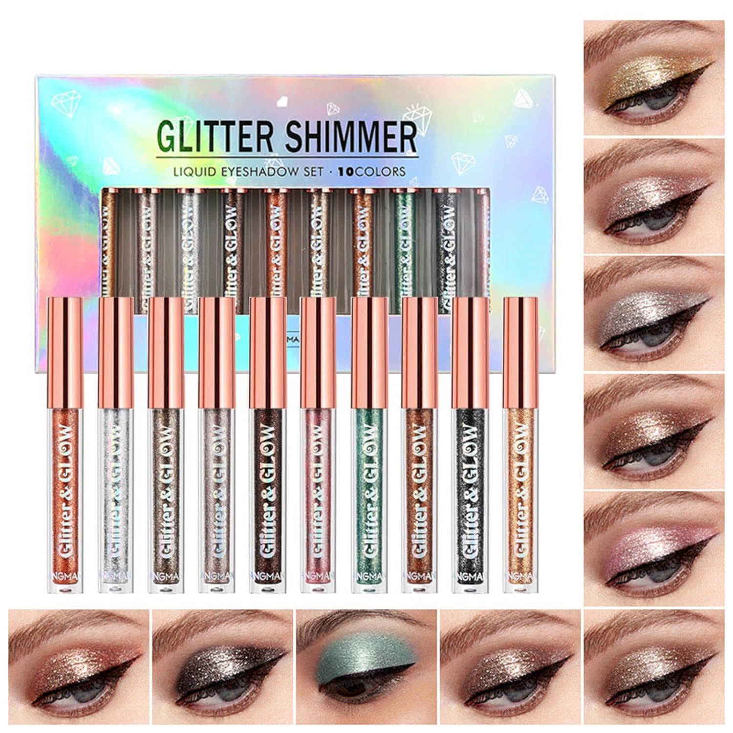 10 Colors Glitter Liquid Eyeshadow Set Metallic Glitter Shimmer Smokey Eye Looks Waterproof Long Lasting Quick-Drying Sparkling Eye Shadow (Set A)