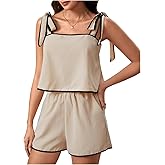 OYOANGLE Women's Two Pieces Outfits Ruffled Bow Strap Tank Top Loose Shorts Summer Casual Travel Lounge Sets