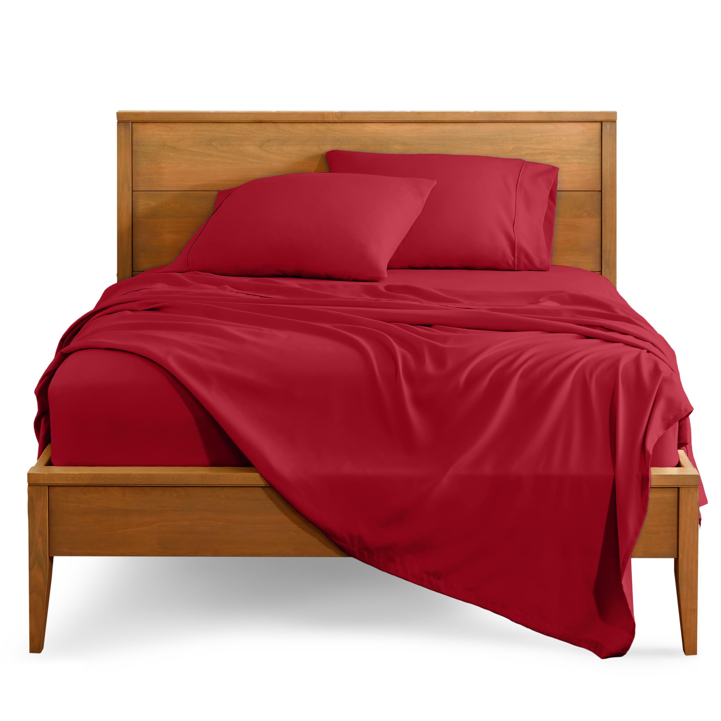 Bare Home Split Head Flex King Sheet Set - 1800 Ultra-Soft Microfiber Bed Sheets - Double Brushed - Deep Pockets - Easy Fit - 4 Piece Set - FlexTop King Bedding (Split Head Flex King, Red) Image