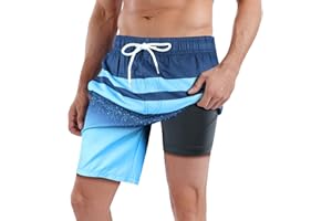 QRANSS Mens Swim Trunks with Compression Lined 7'' Swim Shorts Quick Dry Swimwear Boardshorts with Boxer Brief Liner