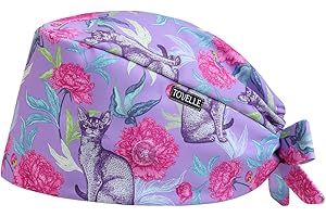 TOVELLE Purple Cat Double-Sided Printed Scrub Caps for Men and Women with Buttons, Adjustable Static-Resistant Veterinary Hats, Cute and Breathable Surgical Caps with Sweatband for Long Hours
