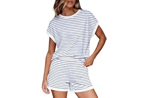 Lmdudan Two Piece Sets for Women Summer Striped Shorts Sets Cap Sleeve Crew Neck Sweatsuit with Pocket Loungewear