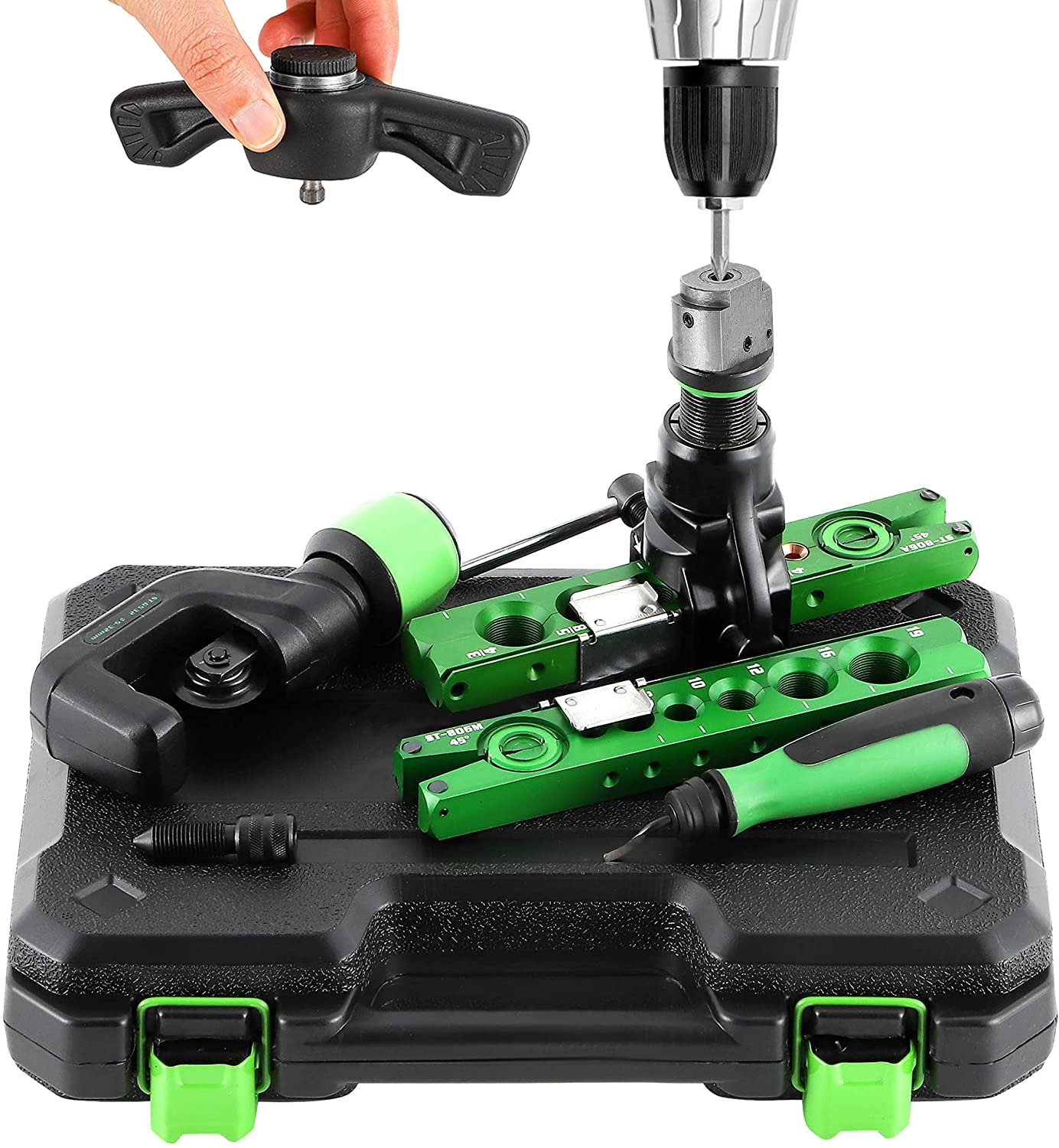 Bonvoisin Ratchet Flaring Tool 1/4”-3/4” Single Copper Flare Tool 45° Eccentric Type HVAC Air Condition Refrigeration Tool with Clutch for Copper Aluminum (Manual or Electric Drill Mode)(5 in 1 Kit)