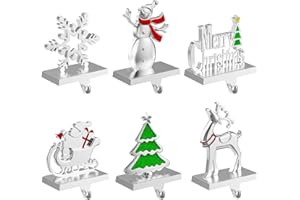 Ginbel Direct Christmas Stocking Holders for Mantle Set of 6, Stockings Hangers Snowflake Snowman Tree Deer Reindeer Heavy Weighted Hooks for Mantel Fireplace Windows Indoor Decorations Silver
