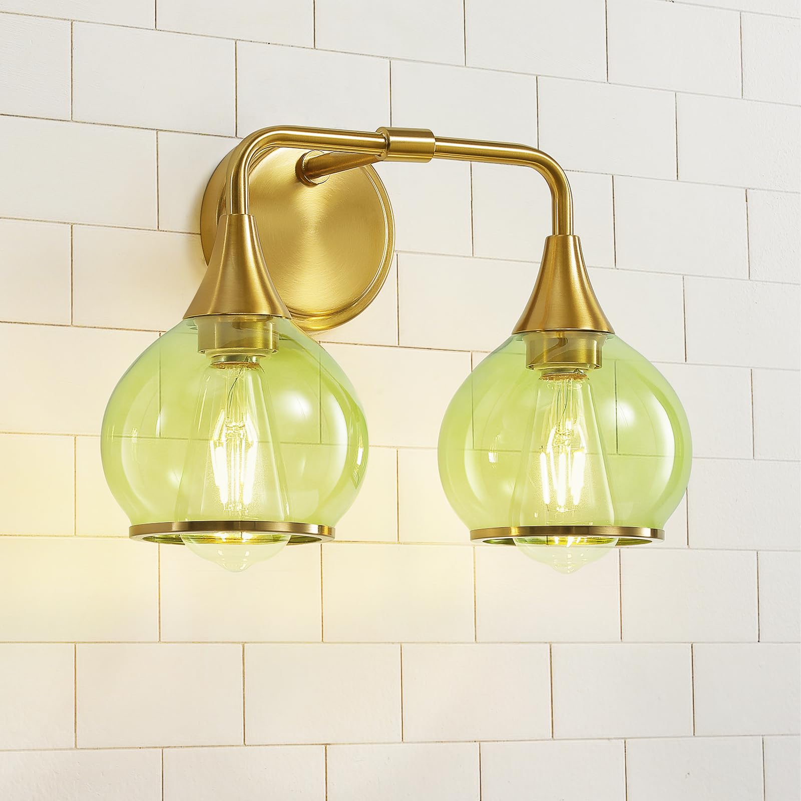 HAHZT Brushed Gold Bathroom Vanity Light 2-Lights Bathroom Light Fixtures Over Mirror with Green Clear Glass Shade 14 inch Wall Sconce Lighting Bath(Exclude E26 Bulb) Image