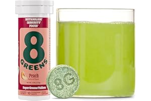 8Greens Supergreens Tablets | Super Greens Powder Superfood Tablet, Metabolism Immunity & Focus, Daily Greens Effervescent Tablets, Organic: Aloe Vera, Spirulina, Chlorella, Peach, 10 Servings