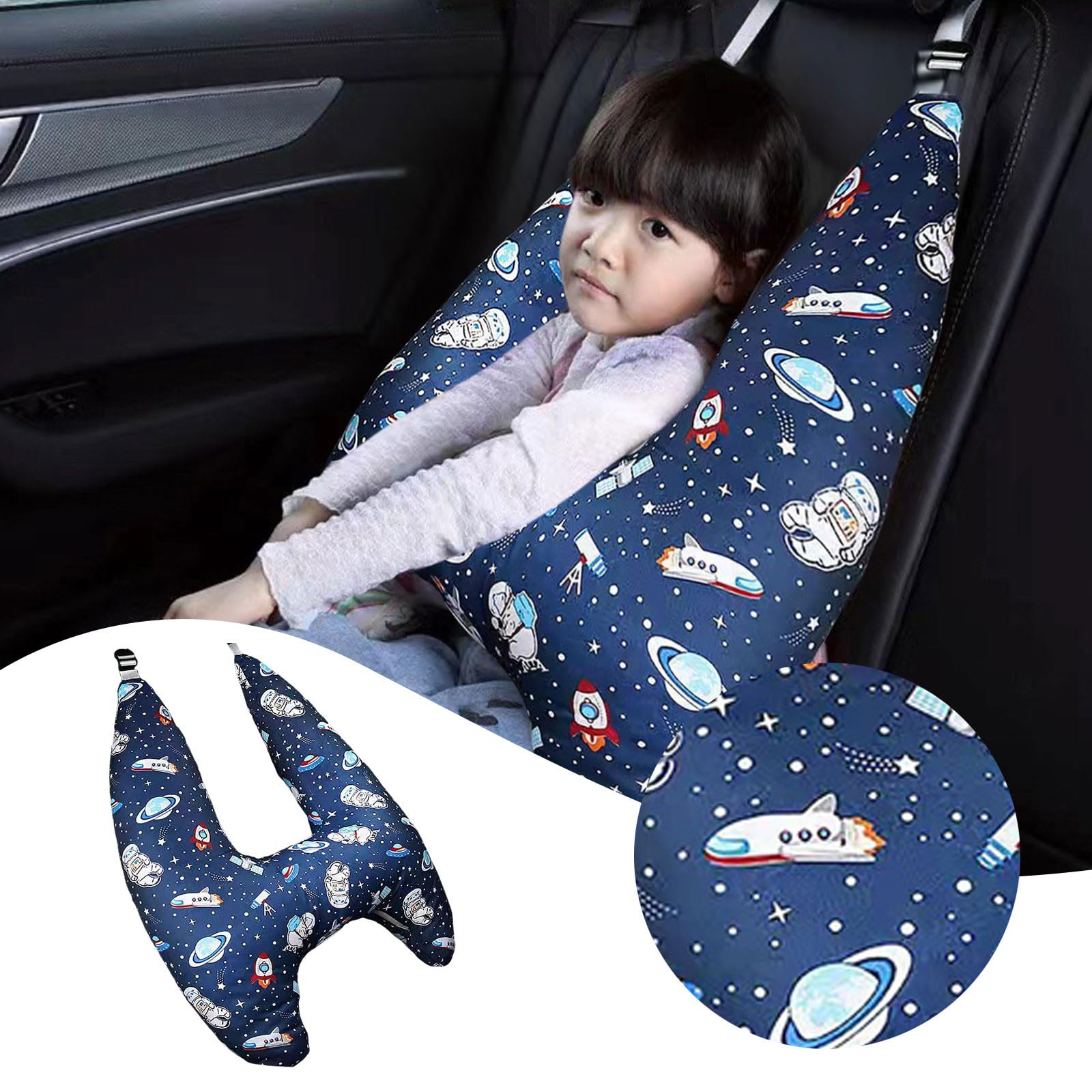 Kids Headrest Travel Pillow,Car Seat Belt Pillow and Adjuster Kit for Kids, Travel Neck Support Cushion Seatbelt Cover Travel Seatbelt Adjuster for Child Neck Shoulder Support Cushion Pad (Atmosphere)