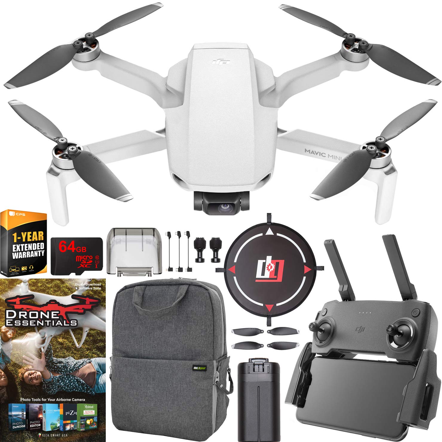 DJI Mavic Mini Drone Quadcopter Everyday FlyCam CP.MA.00000120.01 with Remote Control and 1 Year Warranty Extension Essential Bundle with Backpack, Landing Pad, 64GB High Speed SDXC Card and Software