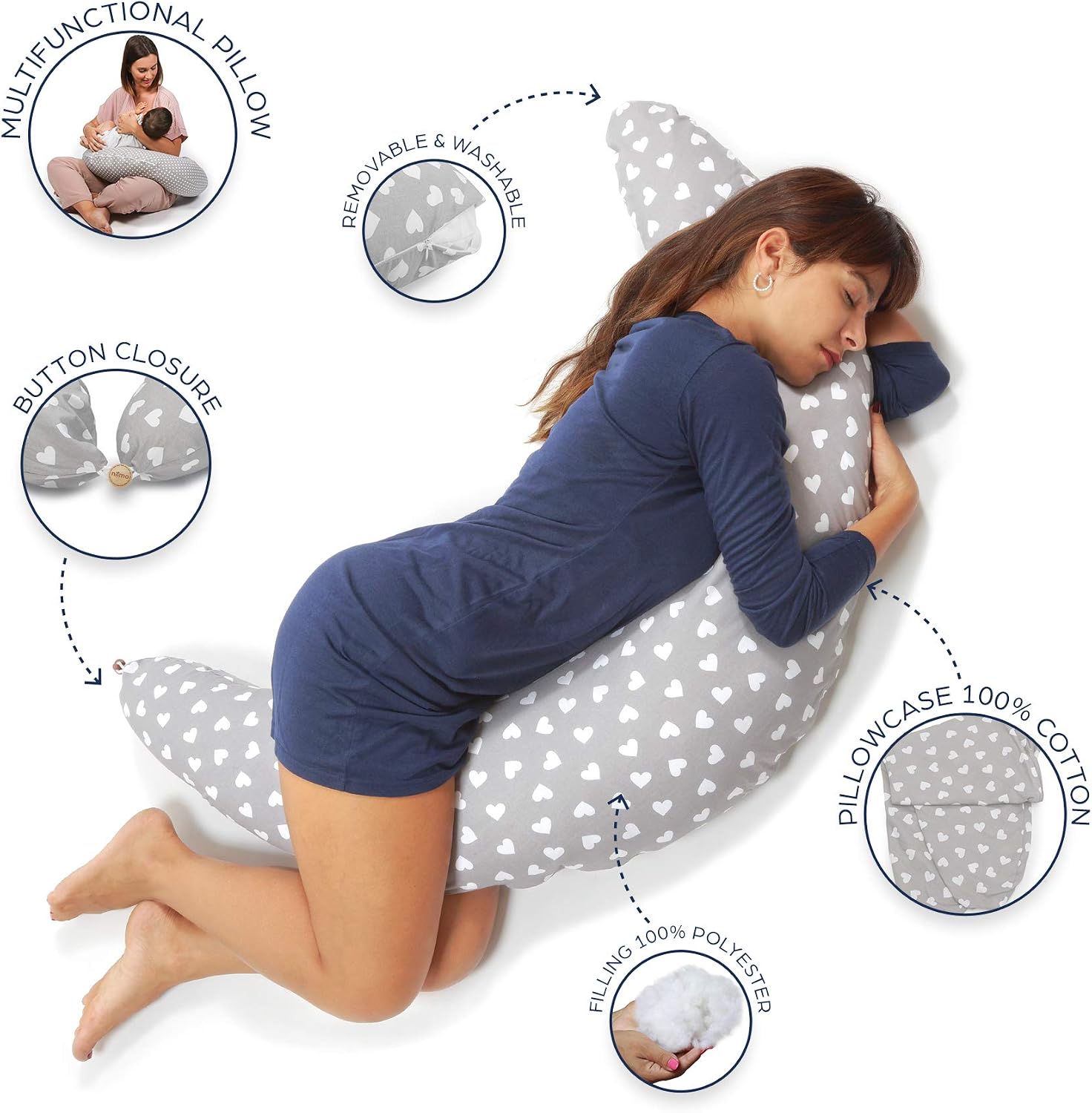 Niimo XXL Pregnancy Pillow & Nursing Pillow - 2-in-1 Design with a 100% Cotton Cover, Machine-Washable, White Hearts (200 x 70 cm) - Image 3