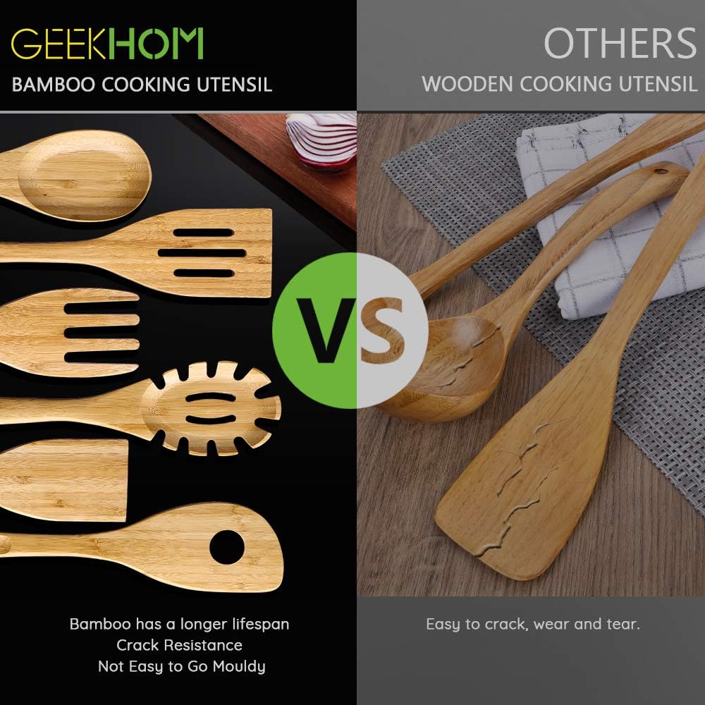 GEEKHOM Bamboo Cooking Utensils with Holder, 7 Pieces Extra Large Wooden Kitchen Utensils Set, Heat Resistant Wood Spoons Turners Spatulas for Nonstick Cookware, Kitchen Flippers for Pancake Egg Fish: Kitchen & Dining