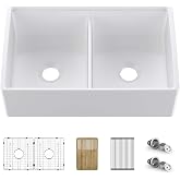 KIBI 33 Inch Fireclay Farmhouse Sink Double Bowl - White Apron Front Kitchen Sink Workstation with Accessories - Heat Resistant Scratch Resistant Deep 10 Inch Undermount Fireclay Sink