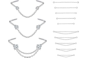 PunkTracker Nose Rings 20G - 2mm, 2.5mm, 3mm CZ Studs with Chain - Surgical Steel Nose Piercing Jewelry