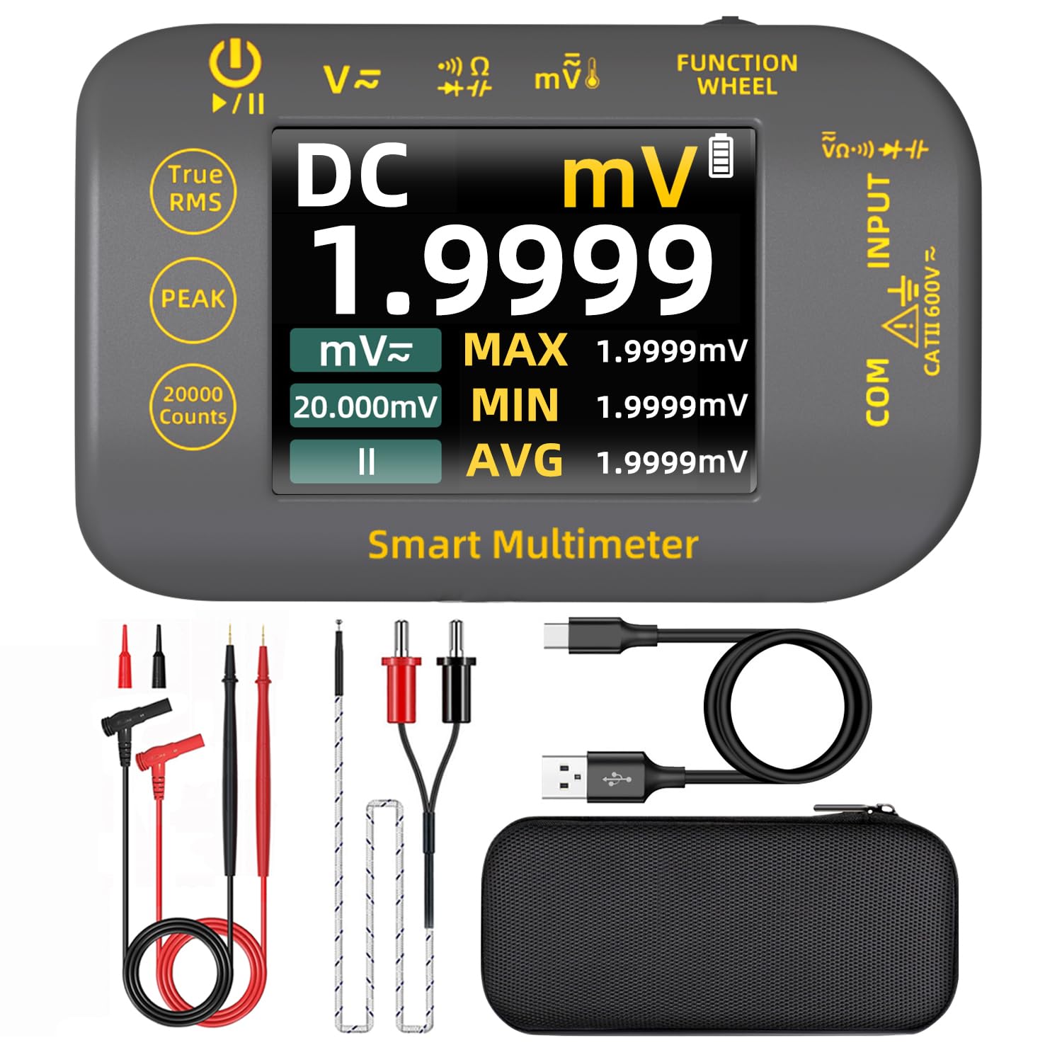 BSIDE Digital Multimeter 20000 Counts TRMS Rechargeable Multimeter with 2.8'' Color Screen Volt Meter Temperature Resistance Capacitance Diode Frequency Continuity Voltage Tester with Max/Min/Ave