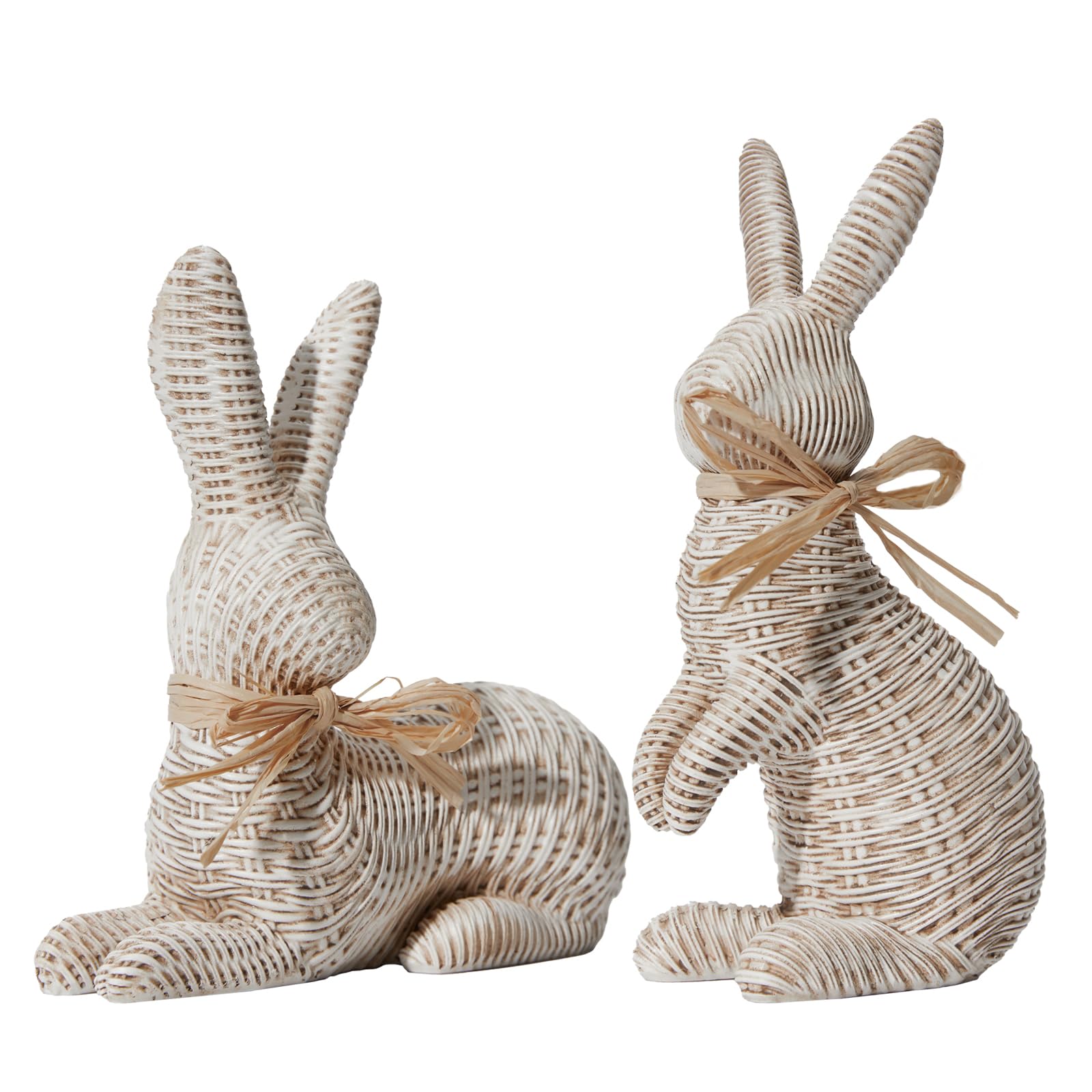 Photo 1 of * ONE IS BROKEN * DN DECONATION Easter Decorations Bunny Figurines Set, Rattan Effect Resin Beige Bunnies Standing & Lying with Bow, Farmhouse Spring Tabletop Decor for Mantel Shelf Office Home Gift