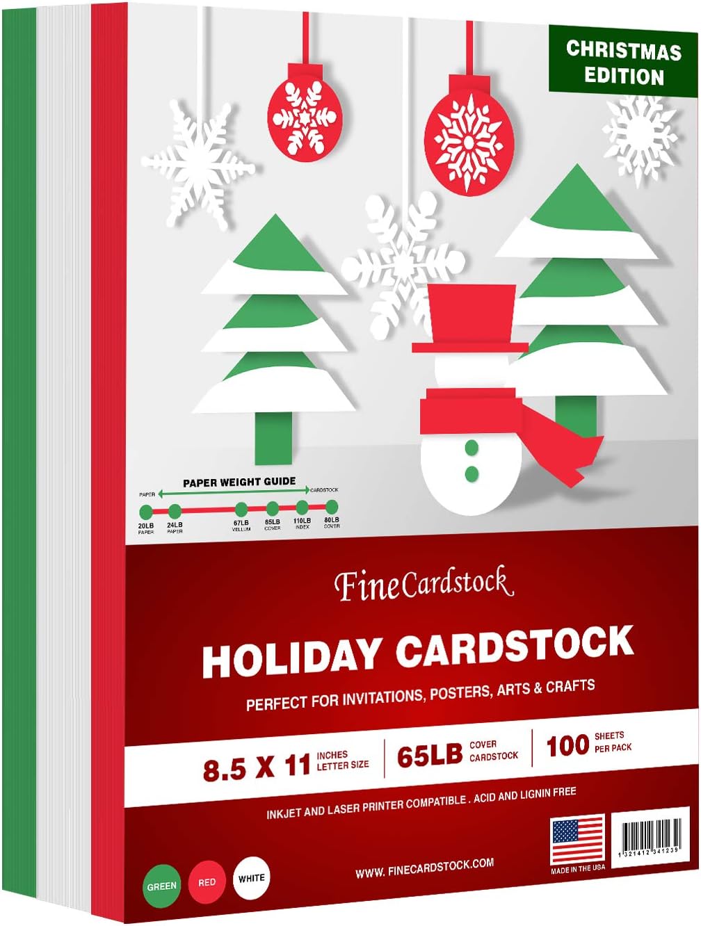 Holiday Christmas Colored Card Stock Paper, Red, Green & White 8.5 x 11