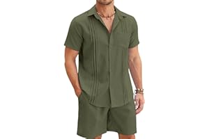COOFANDY Men Linen Sets Outfits 2 Piece Short Sleeve Cuban Shirts Guayabera Linen Suit