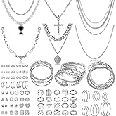 116 Pcs Silver Jewelry Set with 7Pcs Layered Necklace, 11 Pcs Bracelet and 22pcs Hoop Earrings ,22pcs Knuckle Rings,54pcs stud earrings Jewerly set For Women Valentine Anniversary Birthday Friendship Gift
