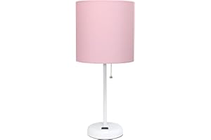 Simple Designs LT2024-POW White Stick Table Desk Lamp with Charging Outlet and Drum Fabric Shade, Light Pink Shade