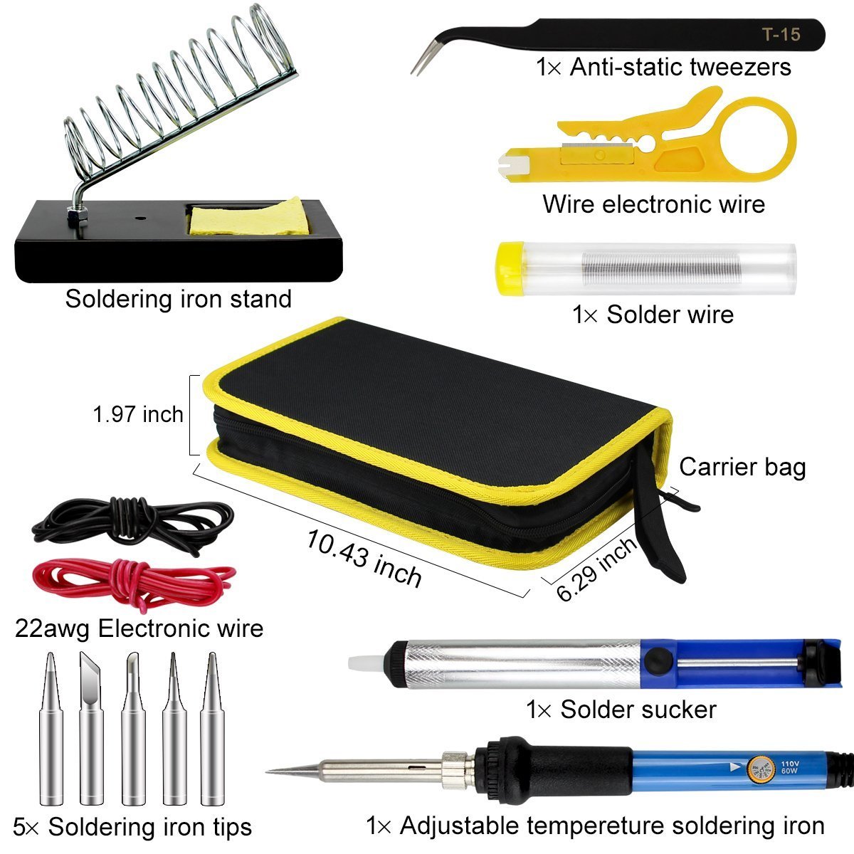 Soldering Iron Kit, 60W 110V Temperature Adjustable Welding Tools,Soldering Pump, Soldering Iron Gun, 5 Soldering Iron Tips, Tin Wire Tube, Soldering Iron Stand, Tweezers, Stripper Cutter, 2 Wires
