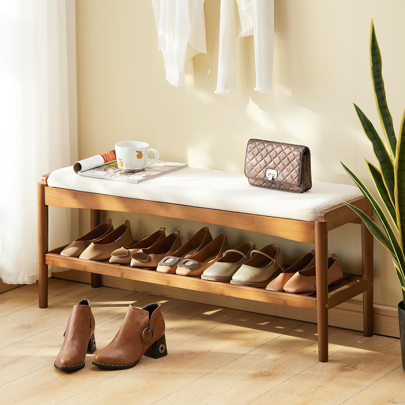 Photo 1 of ***It is used and missing the screws to assemble them.***STDDRE Shoe Bench Entryway Bamboo 2-Tier Shoe Rack with Cushion Padded Seat Shoe Bench Organizer Stable for Entry, Hallway, Living Room, Bedroom, Closet (39.4 * 11.4 * 16.5IN, Brown-Beige)