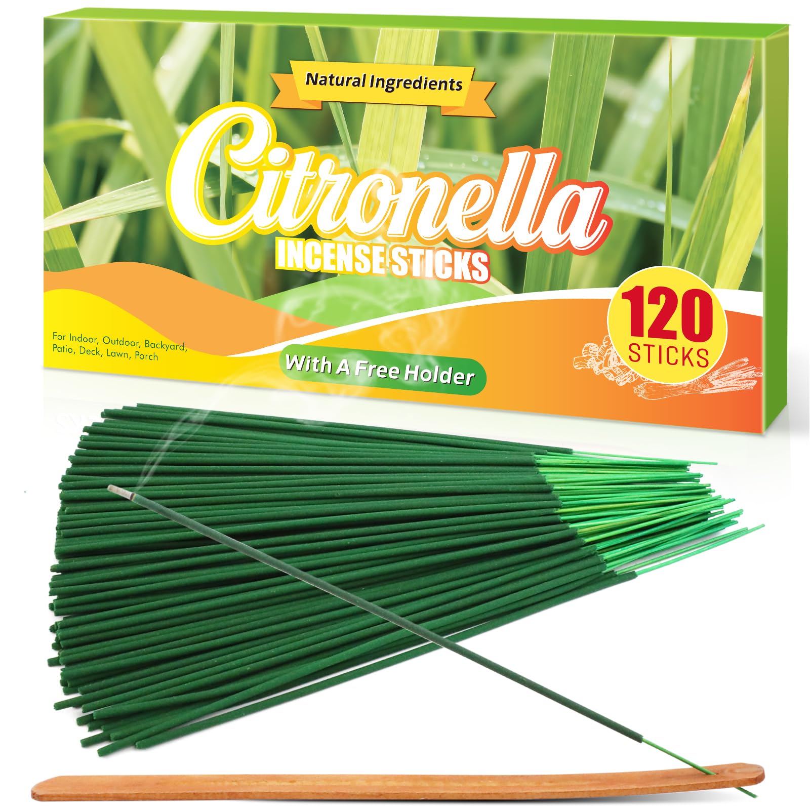DERDUFT Citronella Incense Sticks Lemongrass Aroma, Made of Natural Ingredient & Citronella Oil, Fragrance Set for Indoor, Outdoor, Garden, Camping, 120 Pack with 1 Incense Holder