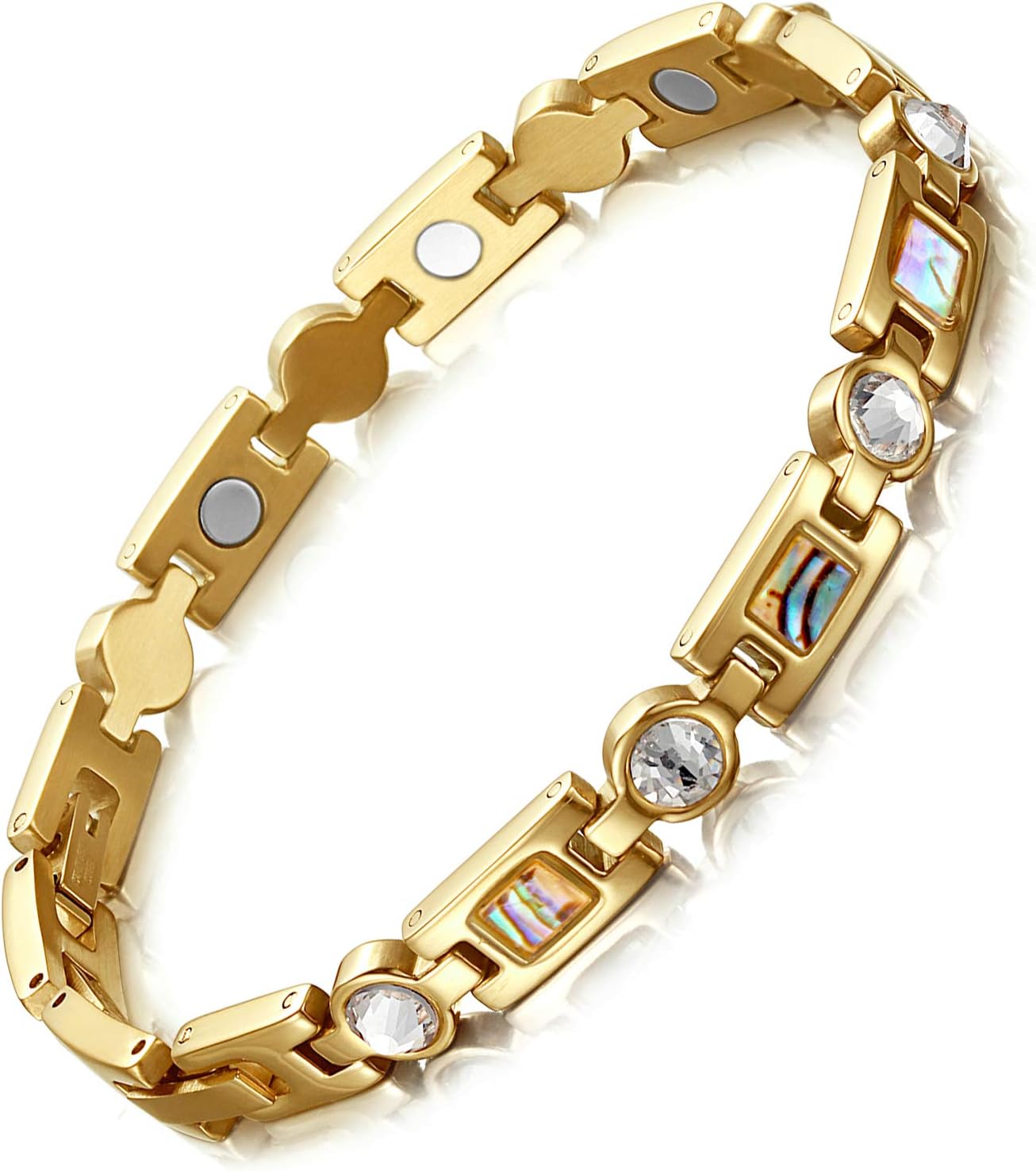 Rainso Womens Titanium Steel Golf Magnetic Therapy Bracelet Rhinestone Health Wristband with 3 Smart Buckle