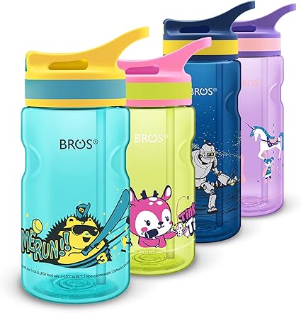 Amazon Com Bros Bpa Free Kids Water Bottle With Straw Flip Leak Proof Spill Proof And Durable Press For Sipping Spout Hygienic And Secure Drinking With Cute Designs Perfect
