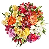 1800 Flowers - Single Assorted Roses & Peruvian Lilies Fresh Cut Flower Bouquet, Orange, Pink, Yellow, Wrapped