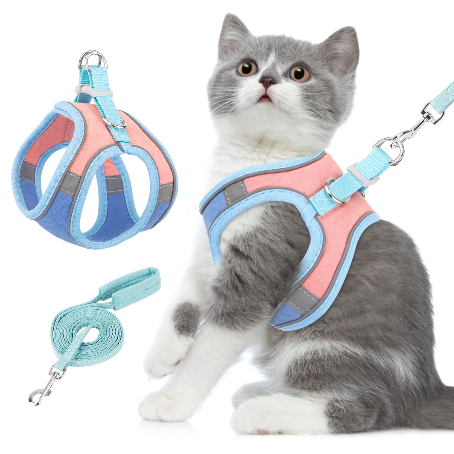 Eyein Cat Harness and Lead Set for Walking, Adjustable Soft Sturdy Faux Suede Escape Proof Kitten Vest Harness and leash with Reflective Strip for Large Medium Small Cats(Pink & Blue, S)