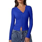 QINSEN Women's Long Sleeve Ribbed Crewneck Shirts Upper Button Fastening Going Out Tops
