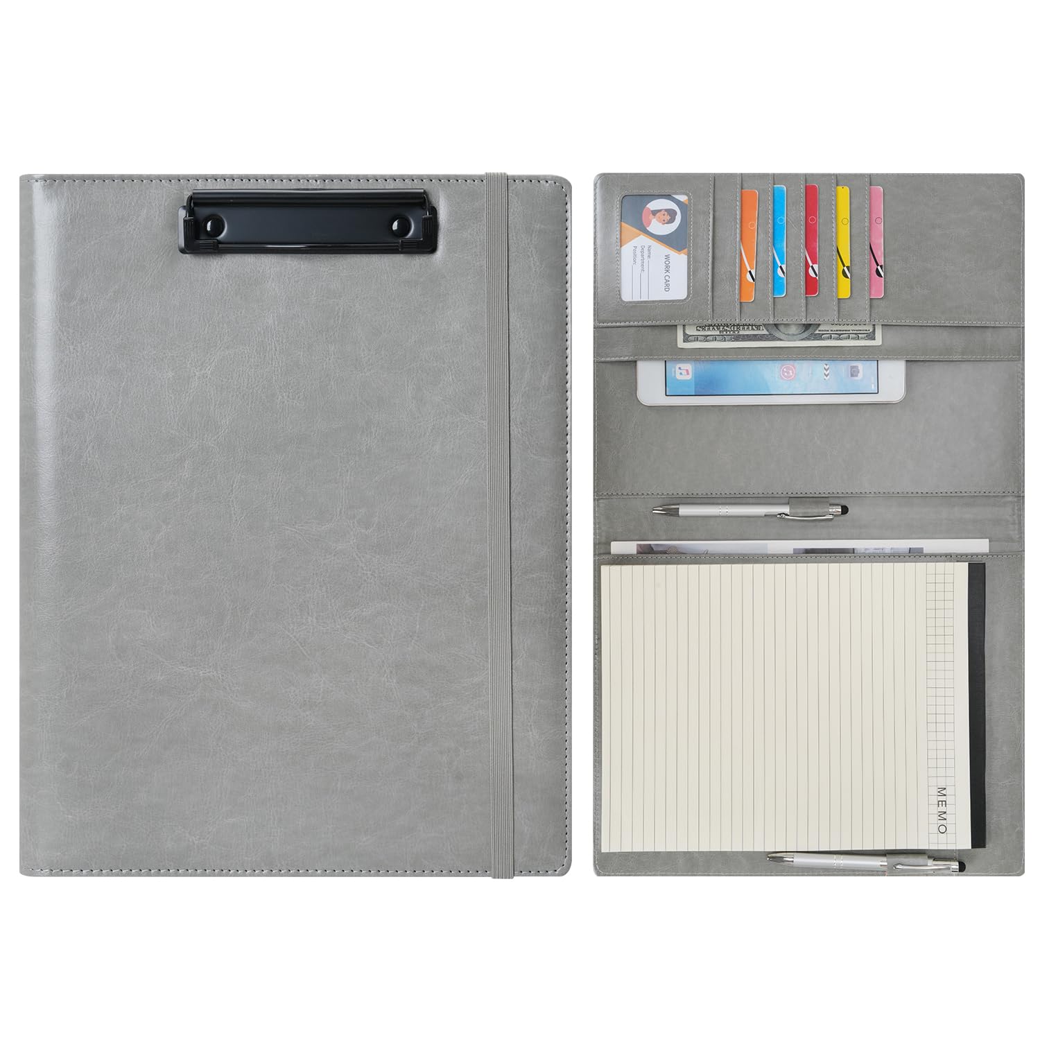 Wonderpool A4 Faux Leather Clipboard Partfolio Recipe Binder Notepad Forms Holders Document Case - Interview Planner Meeting Writing Padfolio File for Office Travel School (Grey, A4)