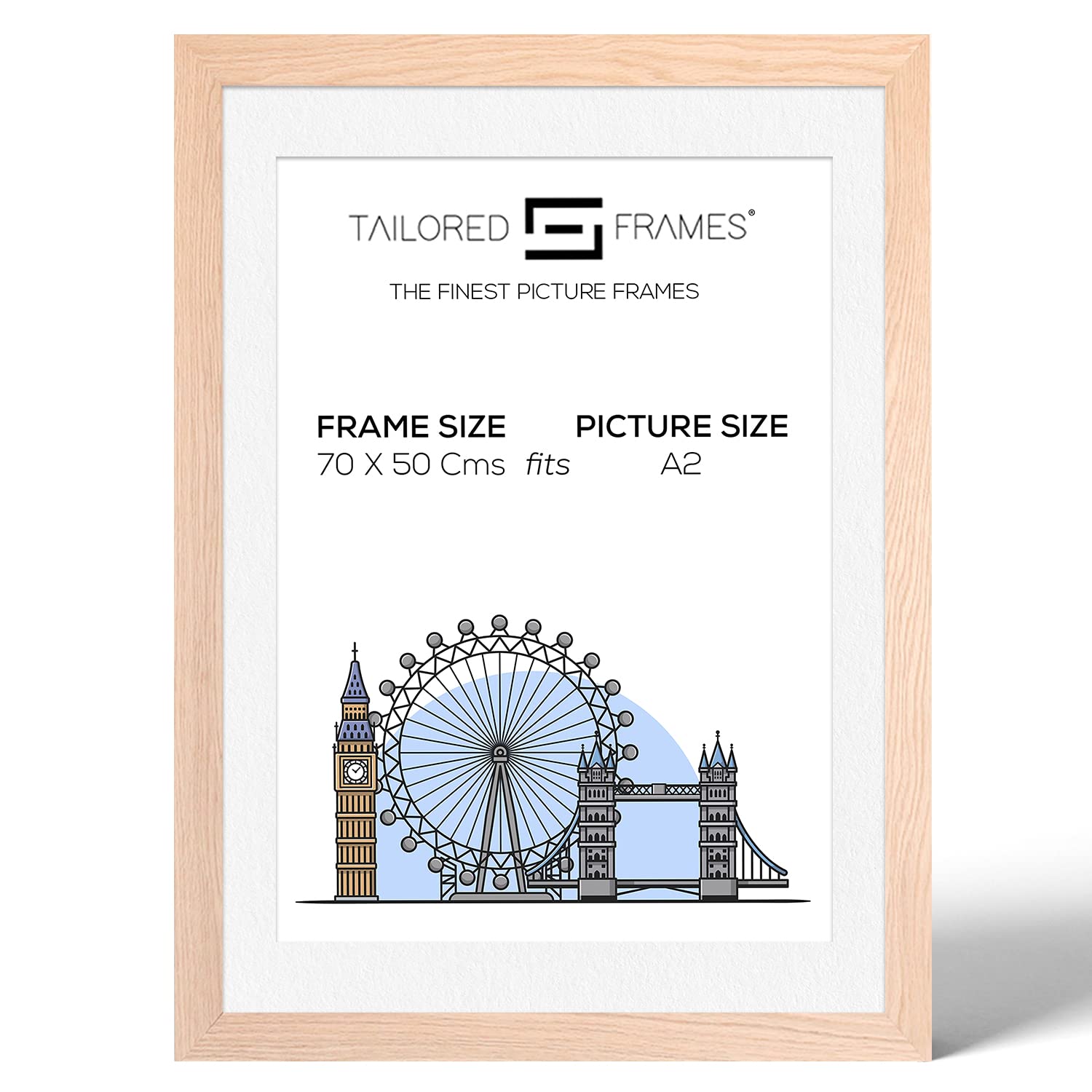 Tailored Frames 99 Solid Natural Oak 70 x 50Cm Frame for A2 Picture | Single Picture Frames | Wall Hanging Type | Photo Frame with White Mount