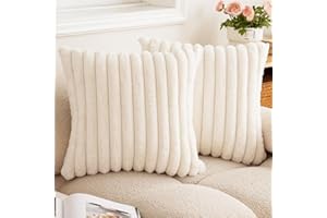 Cream White Throw Pillow Covers, 18x18 Inch Soft Plush Striped Texture Cushion Cases, Modern Decorative Couch Pillows for Liv